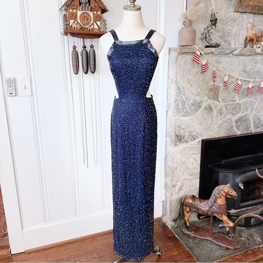 Vintage 90s Silk Beaded Navy Blue Formal Gown